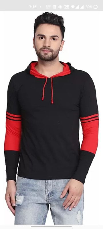 Mr.Navi Men Colorblock Hooded Neck Cotton Blend Red, Black T-Shirt