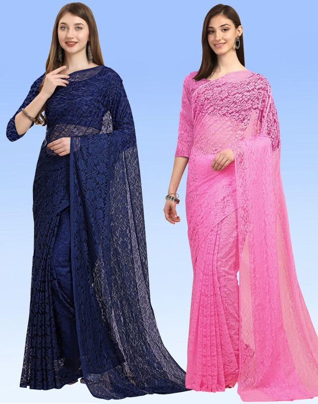 Embellished Bollywood Net, Brasso Saree  (Pack of 2, Dark Blue, Pink)