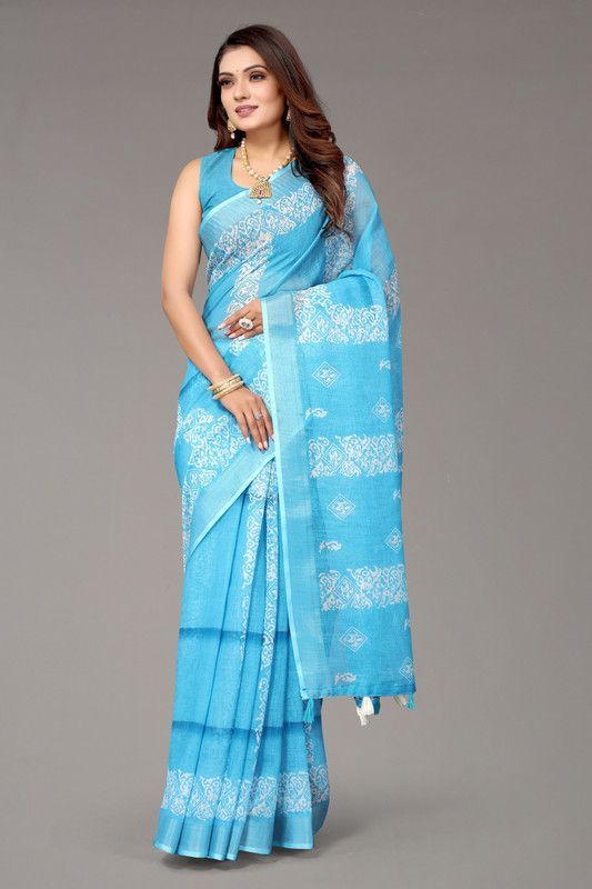 Bollywood Cotton Linen Saree  (Light Blue)