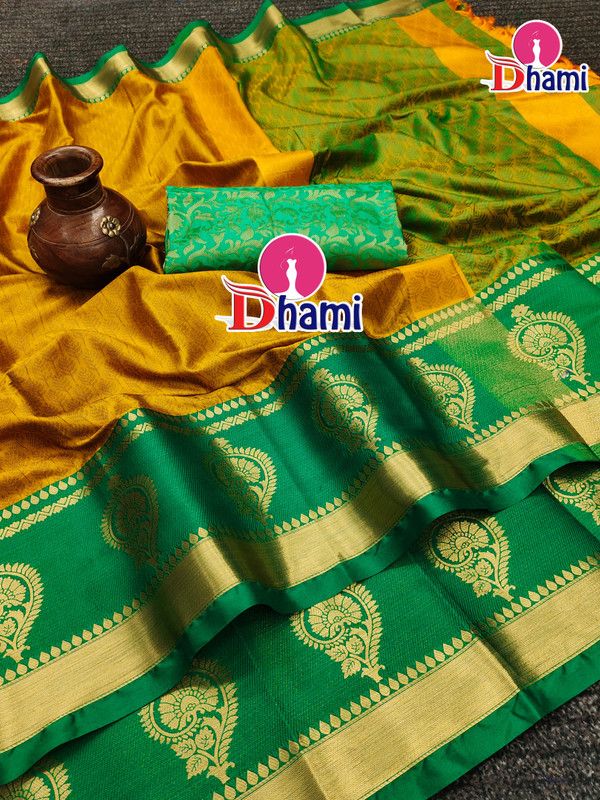 Woven Banarasi Jacquard Saree  (Green, Orange)