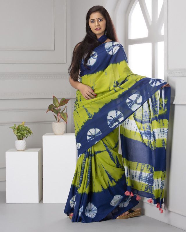 Blocked Printed, Color Block, Dyed, Floral Print, Printed Handloom Pure Cotton Saree  (Green, Blue)