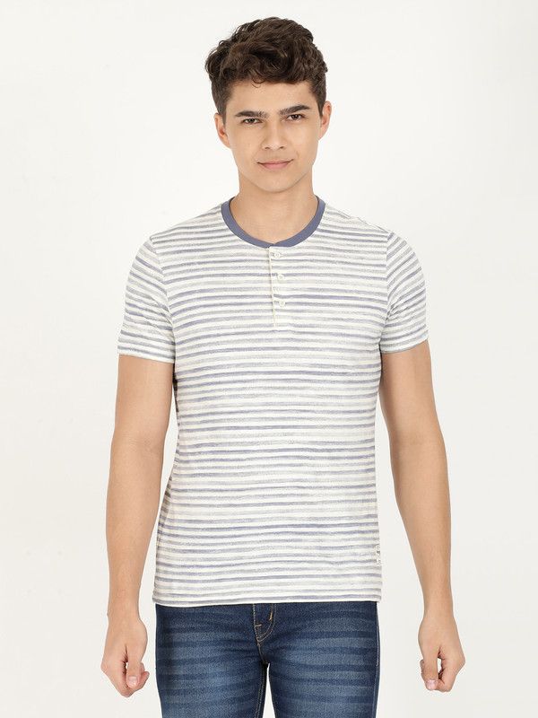Men Striped Henley Neck Pure Cotton Beige T-Shirt