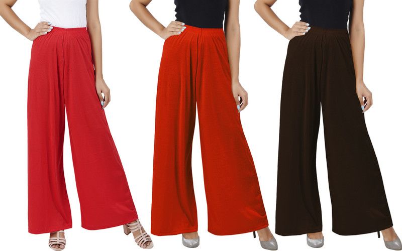 Pack of 3 Women Flared Red, Orange, Brown Cotton Blend Trousers