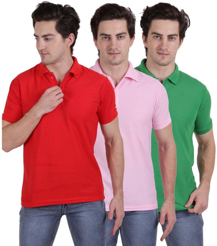 Pack of 3 Men Solid Polo Neck Cotton Blend Dark Green, Red, Pink T-Shirt