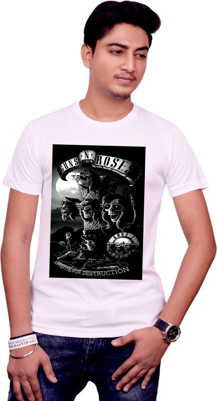 1650 Men Graphic Print Round Neck Polyester White T-Shirt