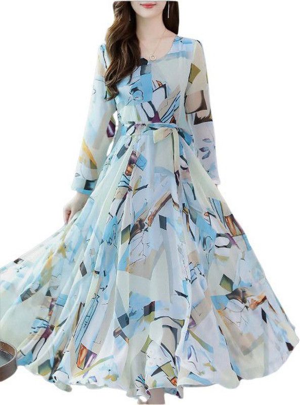 Printed Georgette Stitched Flared/A-line Gown  (Multicolor)