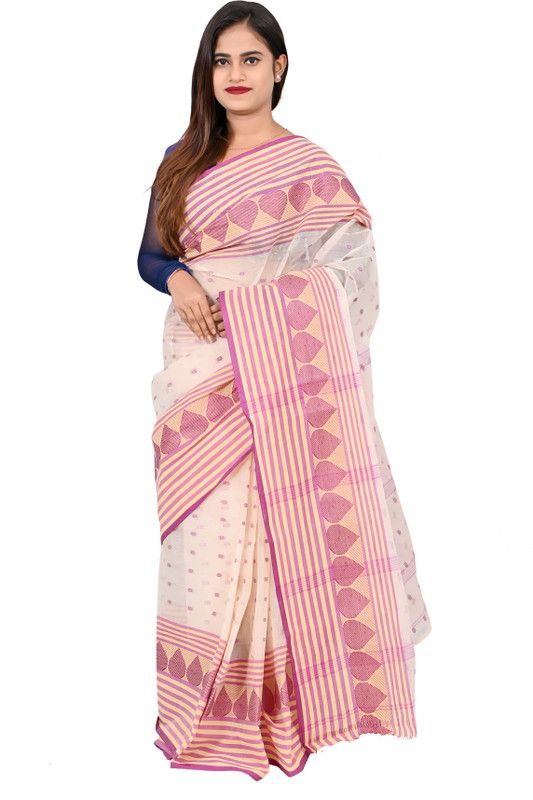 Woven Tant Pure Cotton Saree  (Purple, Cream)
