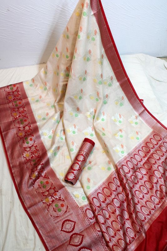 Woven Banarasi Dupion Silk Saree  (White)