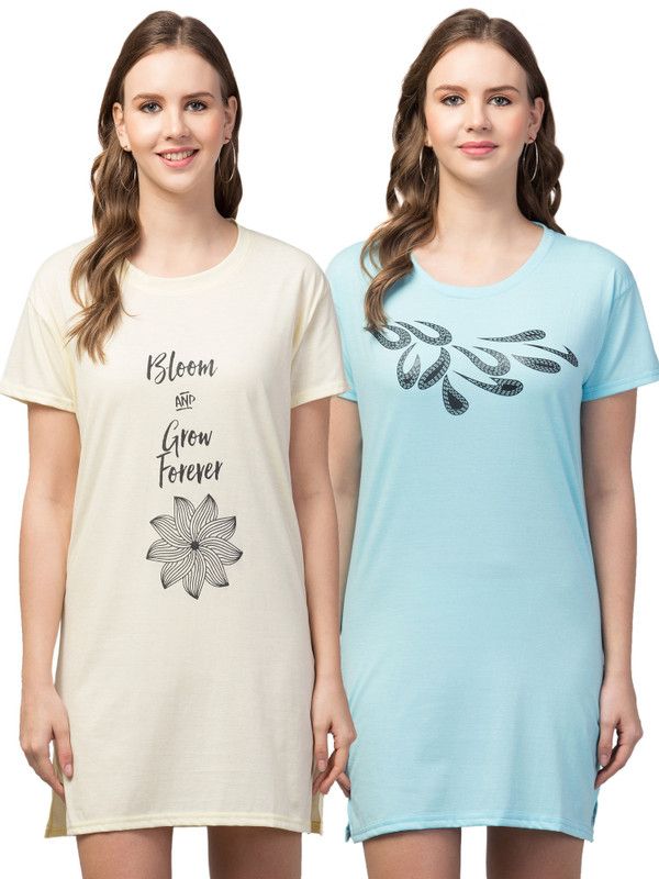 Women Night Dress  (Beige, Light Blue)
