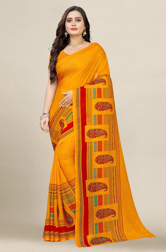 Printed Garad Crepe Saree  (Yellow)