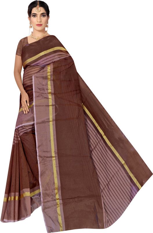 Striped Bhagalpuri Chanderi Saree  (Brown)