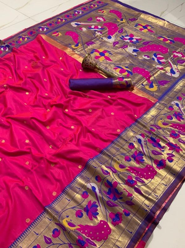 Paithani Pure Silk Saree  (Pink)