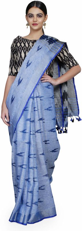 Printed Ikkat Linen Saree  (Light Blue)