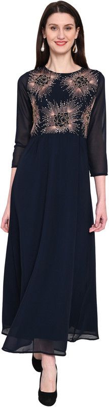 Women Embroidered Georgette A-line Kurta  (Dark Blue)