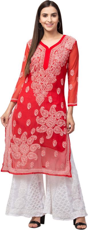 Pack of 2 Women Embroidered Georgette Pakistani Kurta  (Red)