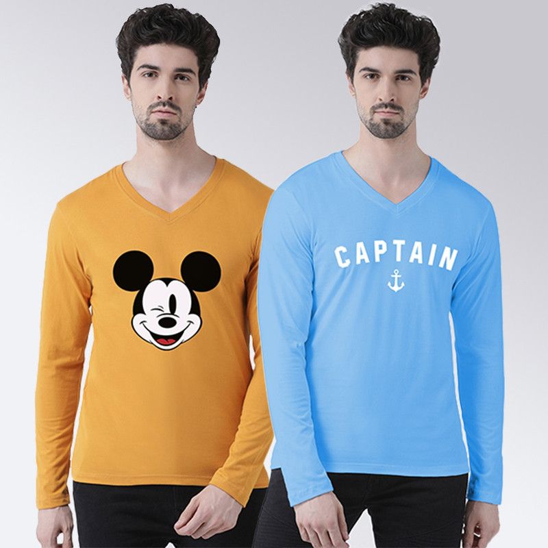 Pack of 2 Men Printed V Neck Cotton Blend Blue, Orange T-Shirt