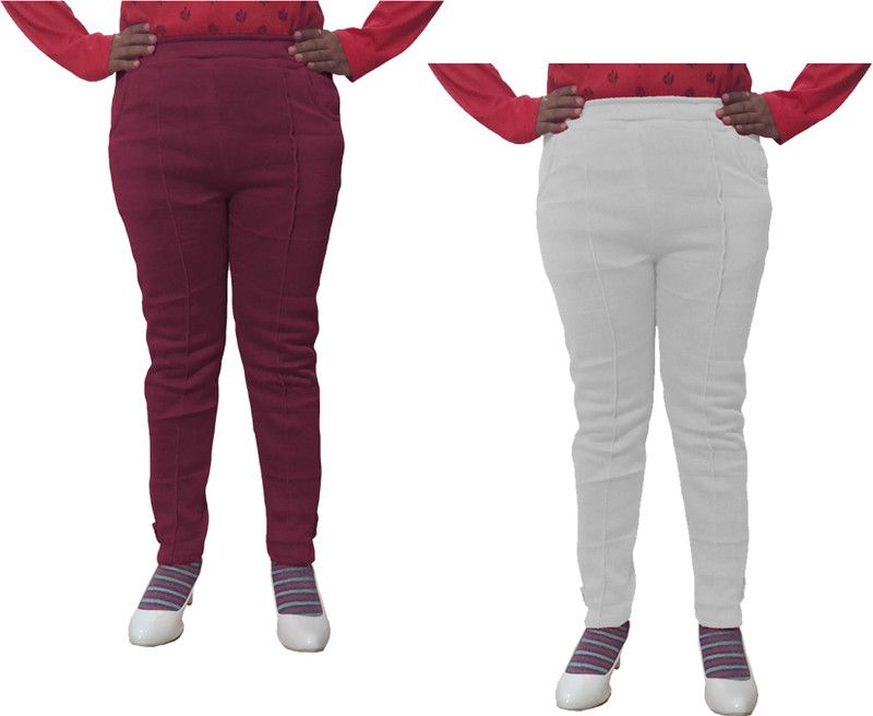 Pack of 2 Women Regular Fit White, Maroon Wool Trousers