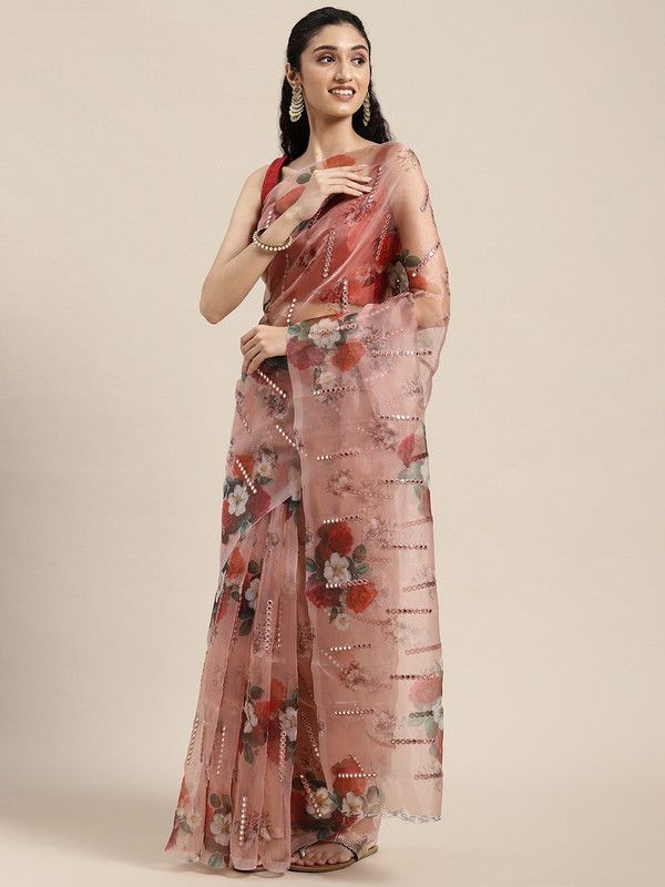 Floral Print Bollywood Organza Saree  (Orange)