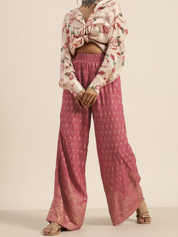 Women Relaxed Pink, Gold Viscose Rayon Trousers