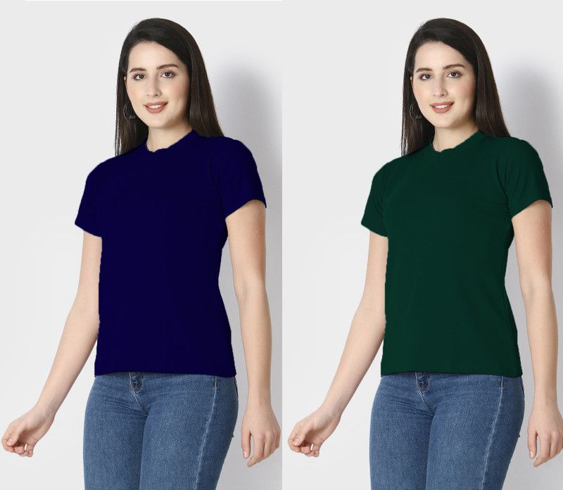 Pack of 2 Women Solid Round Neck Elastane Dark Blue, Green T-Shirt