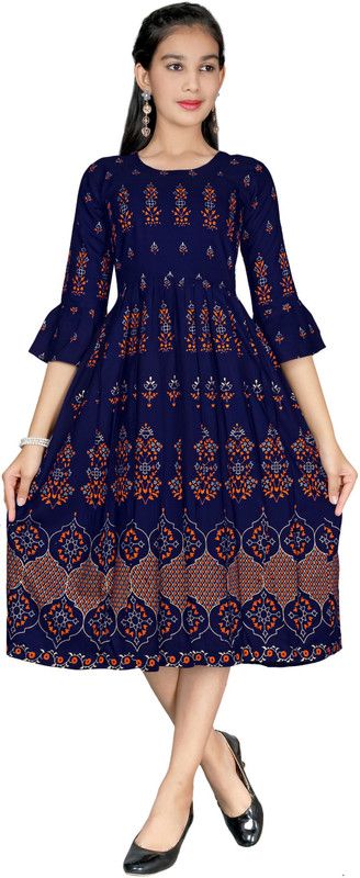 Girls Printed Cotton Rayon A-line Kurta  (Blue)