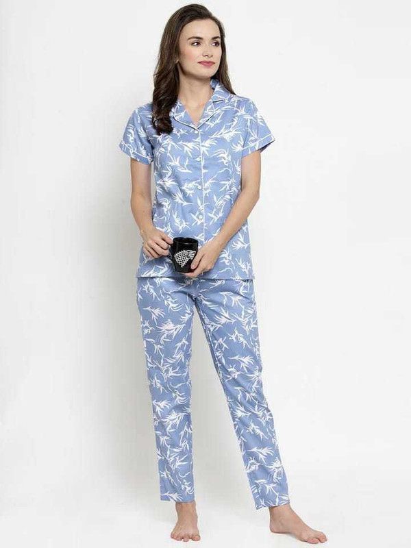 Women Shirt & Pyjama set Light Blue Printed