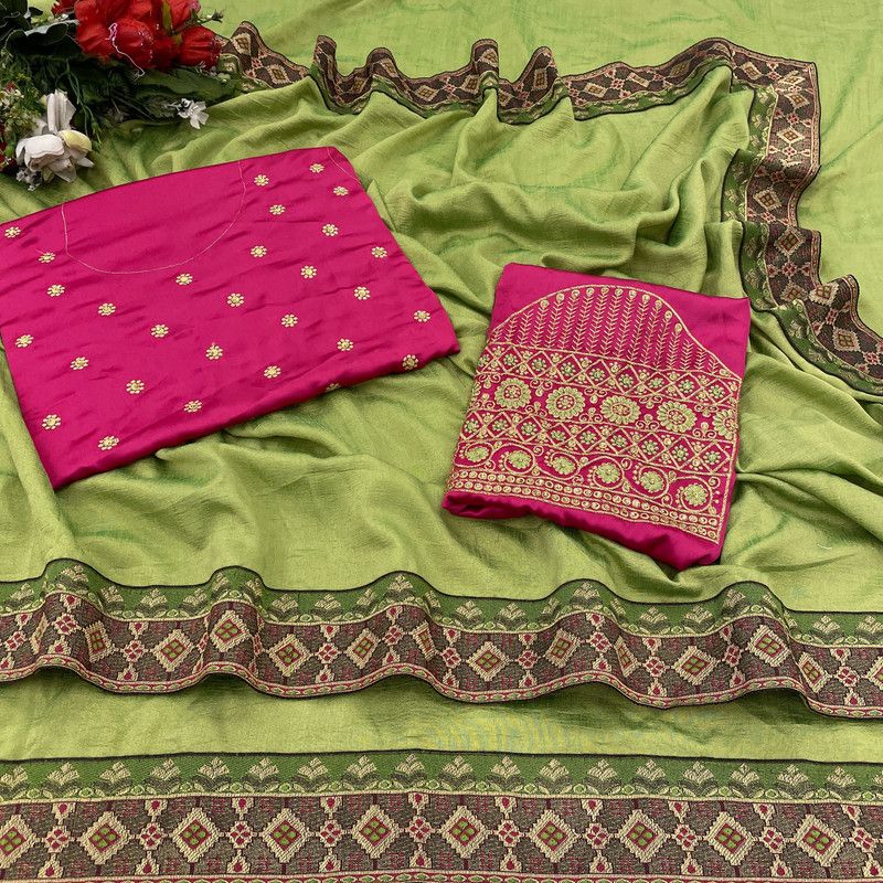 Fashion Silk Blend Saree  (Light Green, Pink)