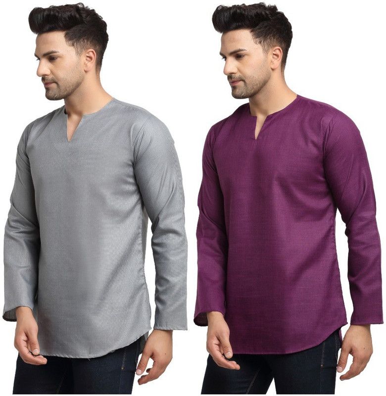 Pack of 2 Men Solid Cotton Blend Straight Kurta  (Purple, Grey)