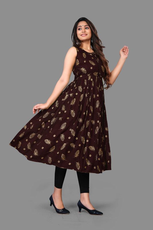 Women Self Design Kurta  (Brown)