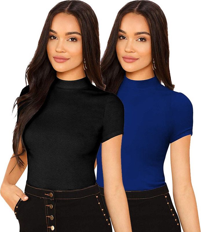 Pack of 2 Women Solid Turtle Neck Pure Cotton Blue, Black T-Shirt