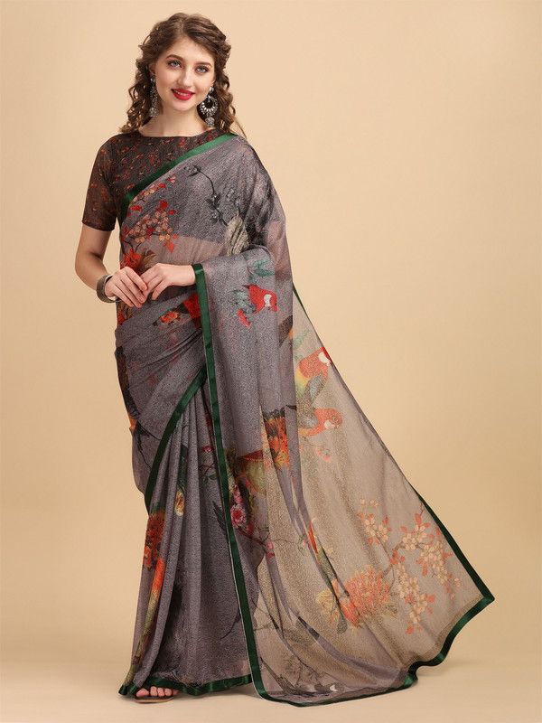 Printed Bollywood Lace Saree  (Grey)