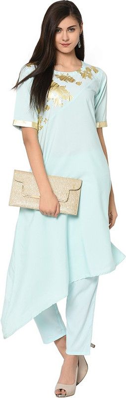 Women Printed Crepe Asymmetric Kurta  (Light Blue)