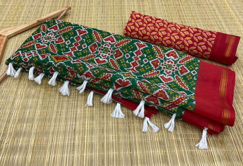 Printed Patola Cotton Linen Saree  (Maroon, Green)