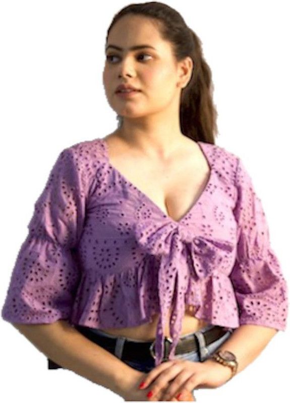 Casual Flared Sleeves Embroidered, Floral Print Women Purple Top