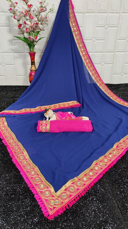 Self Design, Solid/Plain Bollywood Georgette Saree  (Dark Blue)