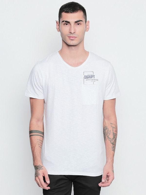 DMTS52WH Men Graphic Print Round Neck Cotton Blend White T-Shirt