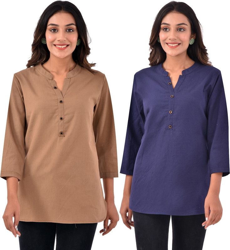 Pack of 2 Casual Regular Sleeves Solid Women Dark Blue, Brown Top