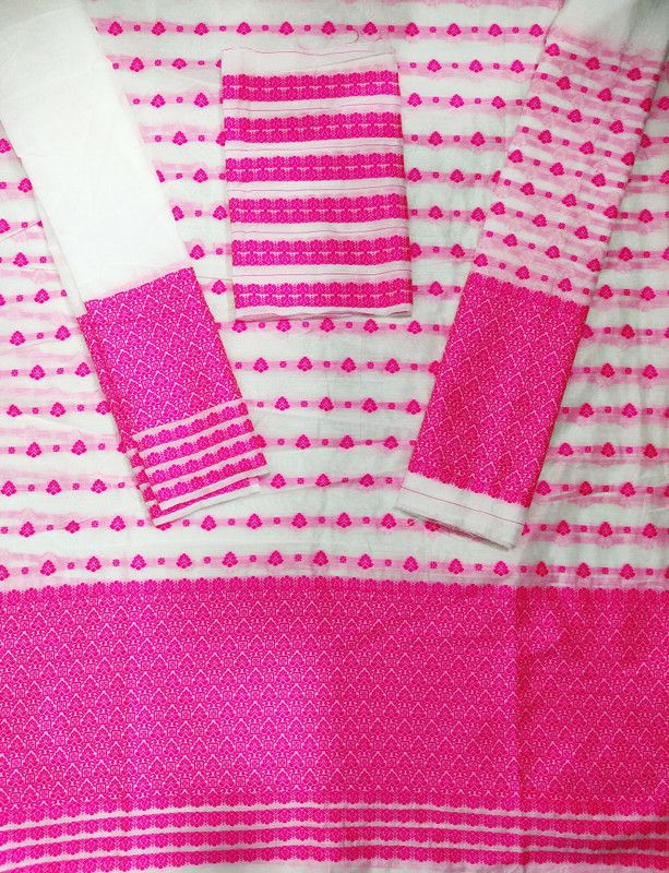 Self Design Mekhela Chador Cotton Blend Saree  (White, Pink)