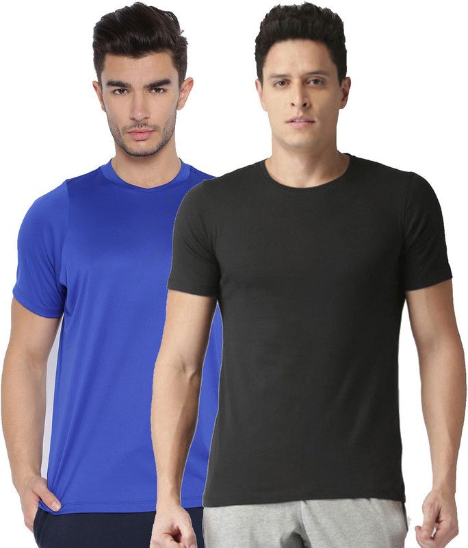 Solid Men Black, Blue T-Shirt  (Pack of 2)