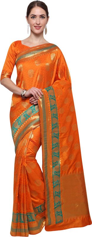 Embroidered, Embellished Kanjivaram Silk Blend Saree  (Orange)