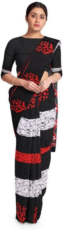 Printed Hand Batik Cotton Blend Saree  (Black)