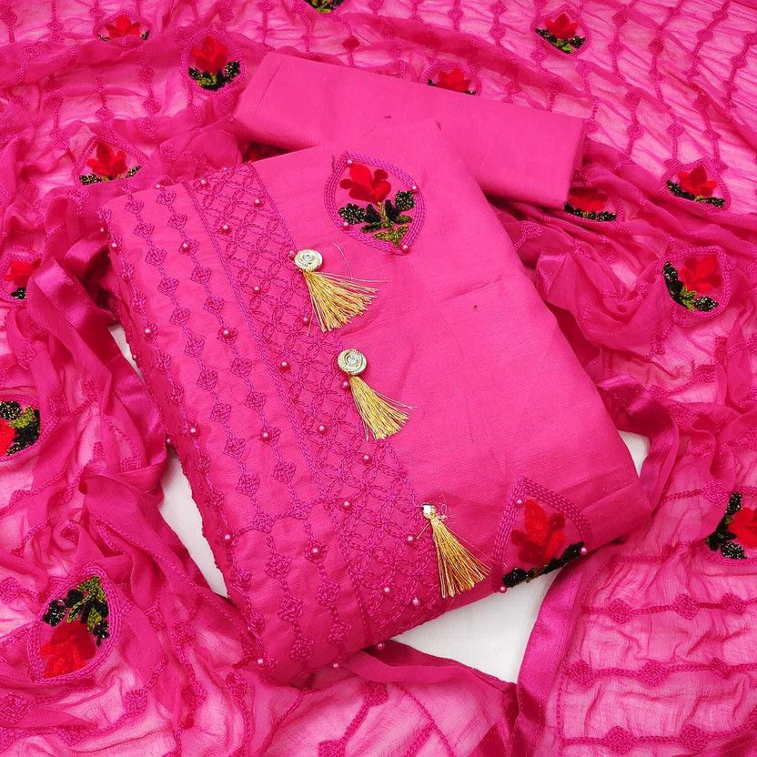 Unstitched Cotton Blend Salwar Suit Material Embellished