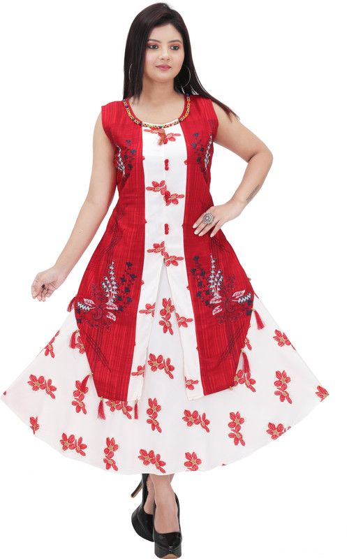 Women Embroidered, Floral Print Cotton Rayon Flared Kurta  (Red)
