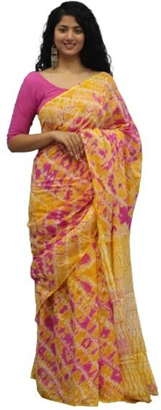 Printed Daily Wear Pure Cotton Saree  (Yellow, Pink)