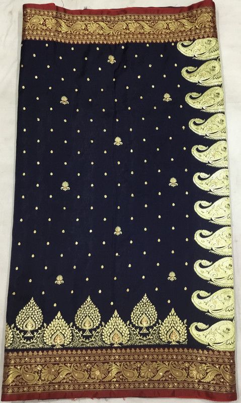 Embroidered Banarasi Satin Saree  (Dark Blue)