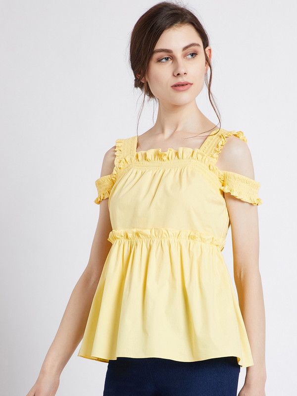 Casual Cold Shoulder Sleeves Solid Women Yellow Top