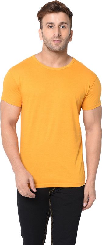 Men Solid Round Neck Cotton Blend Yellow T-Shirt