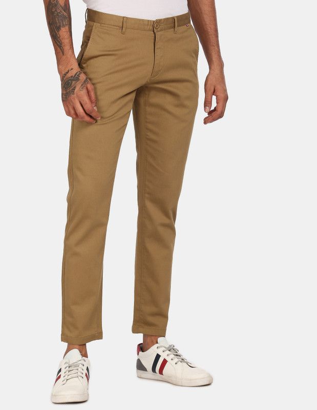 Men Regular Fit Khaki Cotton Blend Trousers