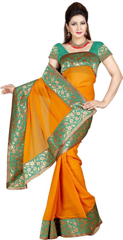 Embroidered Bollywood Chiffon Saree  (Orange)