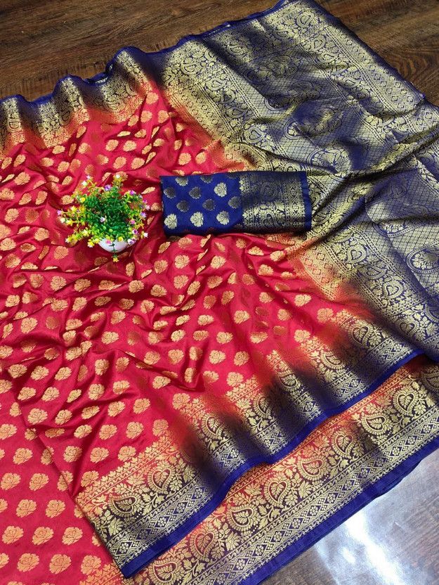 Printed Banarasi Silk Blend Saree  (Dark Blue, Pink)